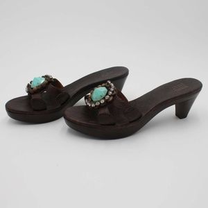 PELLE Womens Slides Black Embellished Strap Cuban Heel Slip On Sandals Size 10